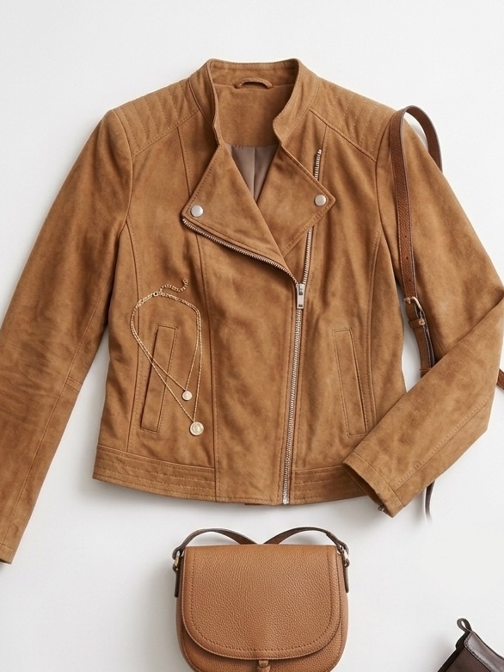 Vero Moda Caramel Faux Suede Moto Jacket XS Y2K Asymmetric Zip Lightweight Layer